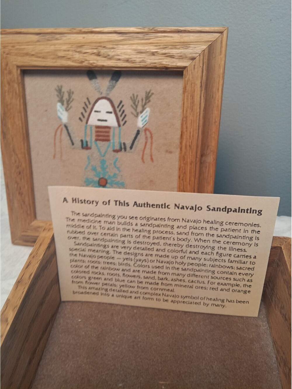 Wood Square Jewelry Box Brown Felt Lined Navajo Sandpainting 5.5"